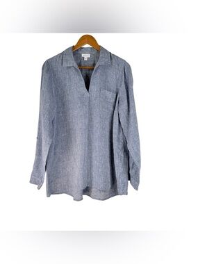 J.Jill Love Linen blue v-neck tunic shirt with roll-tab sleeves Size Medium
